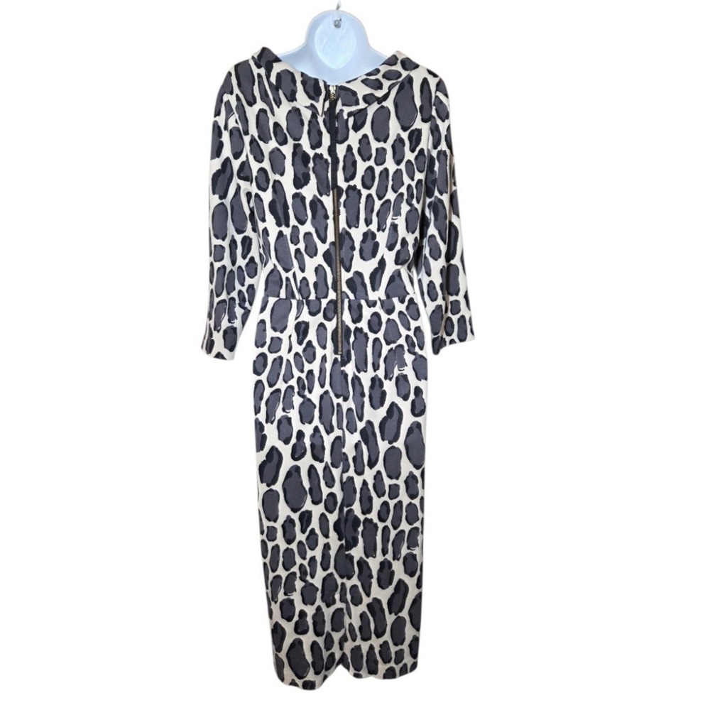 Boden Leopard Print 3/4-Sleeve Gray Cream Mock-Boat-Neck Marisa Midi Dress 12L - Picture 3 of 8